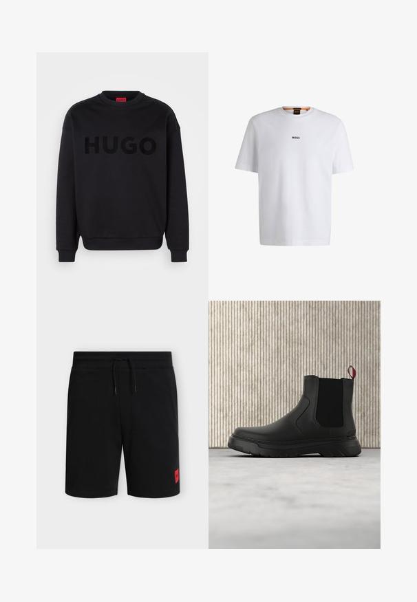 Must värvi pehme materjaliga sweatshirt, millel on ümmargune kaelus ja pikad varrukad. Sõna "HUGO" on silmatorkavalt väljatoodud läikivas mustas fondis.; Valge puuvillane T-särk lühikeste varrukatega, millel on must "BOSS" logo, mis on keskendatud rinnale, ja ümmargune kaelaava disain.; Mustad põlvpikad lühikesed püksid elastse vöökohaga ja nööriga, alumisel vasakul jalal väike punane ristkülikukujuline logo.; Mustad musta värvi ankle boot, millel on sile viimistlus, elastsed külgpaneelid ja kontrastne punane tõmbetaba. Saapadel on paks kummist tald ja ümar varvas.