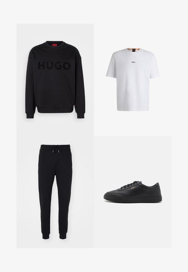 Sweatshirt noir en matériau doux, avec un col rond et des manches longues. Le mot "HUGO" est affiché en évidence dans une police noire brillante.; T-shirt en coton blanc à manches courtes, avec un logo noir "BOSS" centré sur la poitrine et un design à col rond.; Pantalons de survêtement noirs en tissu doux, dotés d'une taille élastique avec cordon de serrage, de poches latérales et de finitions ajustées aux chevilles.; Baskets en cuir noir avec une texture lisse, bout rond, semelle en caoutchouc plate et lacets ton sur ton. Présente une marque "BOSS" dorée sur le côté.