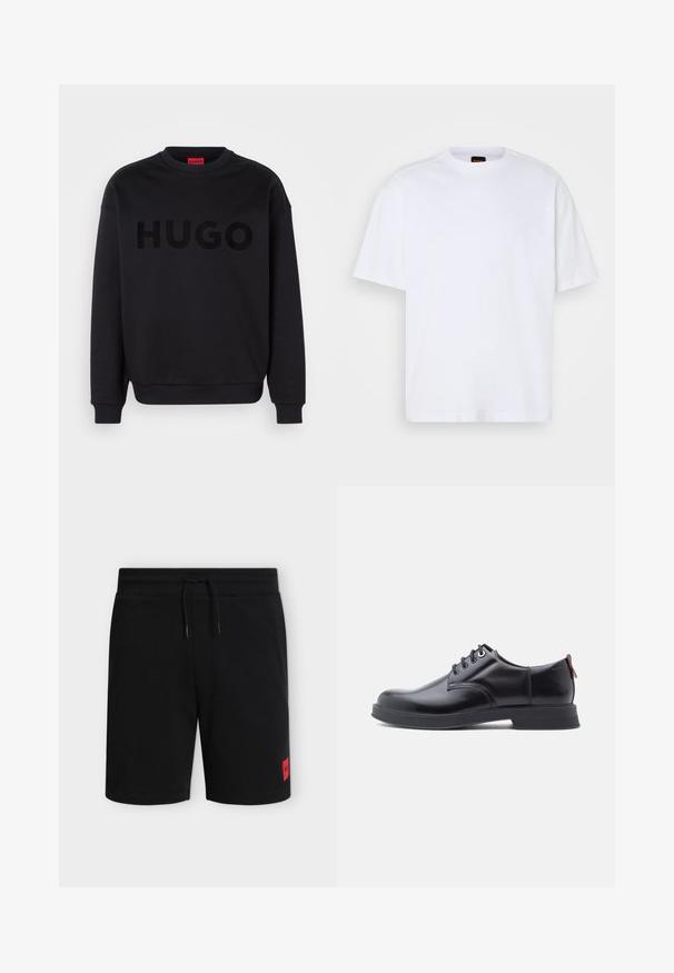Schwarzer Pullover aus weichem Material mit rundem Ausschnitt und langen Ärmeln. Das Wort "HUGO" ist auffällig in glanzschwarzer Schrift dargestellt.; Weißes Baumwoll-T-Shirt mit Rundhalsausschnitt, kurzen Ärmeln und lässiger Passform. Verfügt über strukturierte Schulternaht für zusätzliche Details.; Schwarze knielange Shorts mit elastischem Bund und Kordelzug, mit einem kleinen roten rechteckigen Logo-Patch am unteren linken Bein.; Schwarze Leder-Schnürschuhe mit glatter Textur, rundem Zehenbereich und dezenten Ziernähten. Mit einem roten Laschenband an der Ferse.
