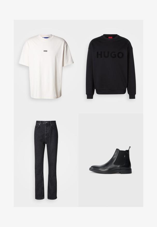 Sweatshirt noir en matériau doux, avec un col rond et des manches longues. Le mot "HUGO" est affiché en évidence dans une police noire brillante.; T-shirt en coton blanc avec un col rond et des manches courtes, arborant un petit logo rectangulaire noir portant l'inscription "HUGO" sur la poitrine.; Jean en denim noir taille haute avec fermeture à bouton et à glissière, poches avant et arrière, et coupe droite.; Bottines Chelsea en cuir noir avec des panneaux élastiques sur les côtés, une languette arrière et une semelle en caoutchouc plate. Texture lisse avec un minimum de détails.