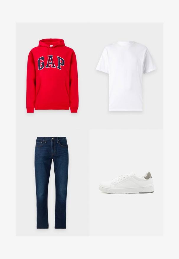 Rød hættetrøje lavet af bomuld, med en frontlomme, snoretræk i hætten og 'GAP' logo i marineblå tværs over brystet.; Hvid kortærmet t-shirt lavet af bomuld med rund hals, der har en glat tekstur og et simpelt design uden mønstre eller accenter.; Mørkeblå denim jeans med lige ben. Funktioner inkluderer kontrastsyninger, fem lommer og lukning med knap foran.; Hvid sneaker lavet af glat læder, rund tå, minimalistisk design, grå hælafsats og tekstureret gummisål.