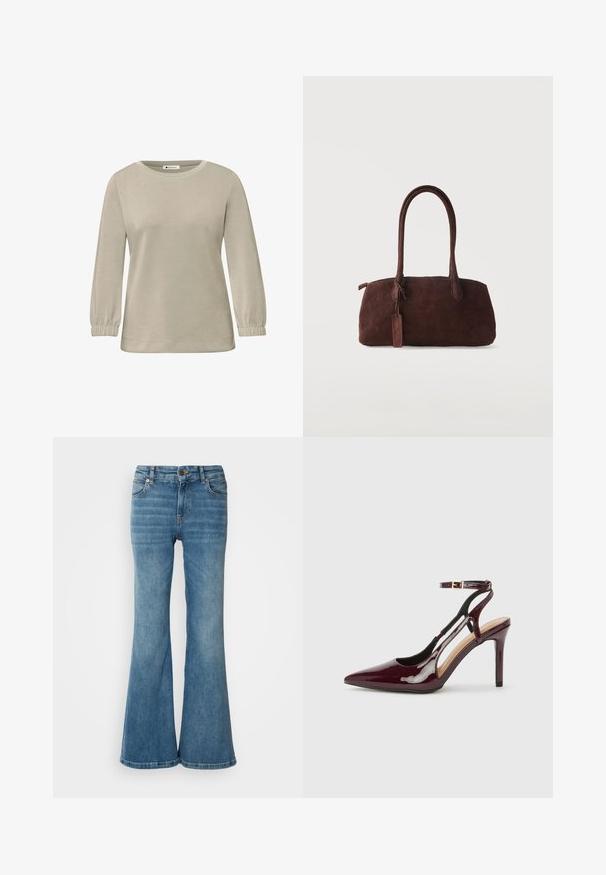 Beiges Langarmshirt mit rundem Ausschnitt und elastischen Bündchen, schlichtes Design, präsentiert auf weißem Hintergrund.; Hellblaue, weit geschnittene Jeans aus Denim, mit fünf Taschen, sichtbaren Nähten und einem Knopf- sowie Reißverschlussverschluss an der Taille.; Burgunderrote Lackleder-Pumps mit spitzer Zehenpartie, Knöchelriemen und Ausstanzungen an den Seiten. Elegante und glänzende Oberfläche.; Dunkelbraune Wildleder-Handtasche mit zwei langen Henkeln und einem kleinen befestigten Anhänger vor einem schlichten, hellen Hintergrund.