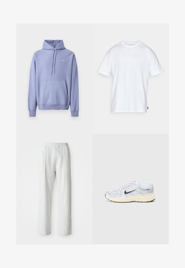 Lilla hættetrøje lavet af bomuldsblanding, med frontlomme, snøre i hætten og et lille hvidt logo på brystet.; Hvid bomulds T-shirt med korte ærmer og rund hals. Har et lille, diskret Nike-logo på brystet og et sidelabel.; Hvide afslappede bukser med en elastisk talje og store forreste lommer, vist på en ensfarvet lys baggrund.; Hvide mesh sneakers med sølvdetaljer, sort Nike swoosh, polstret krave og tekstureret sål. Har et lagdelt design for stabilitet.