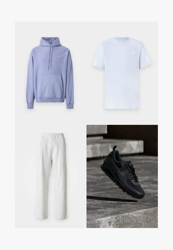 Lilla kapuutsiga dressipluus puuvillasegust, millel on ees tasku, paelaga kapuuts ja väike valge logo rinnal.; Hele sinine puuvillane t-särk lühikeste varrukatega, ümar kaelus ja valge Nike logo trükituna vasakul rinnal. Sile tekstuur, lihtne disain.; Valged juhuslikud püksid elastse vöökoha ja suurte esipastalaukudega, esitatud ühe lihtsa heleda tausta taustal.; Must Nike Air Max toss paigas, hõljub tekstuurse betoonpõranda kohal, taga on betoonist trepid.