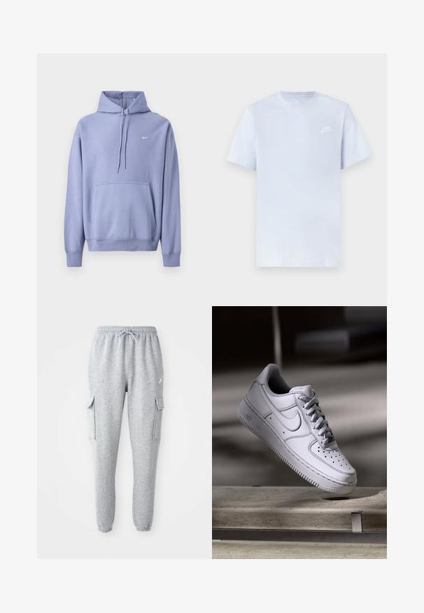 Lila Kapuzenpullover aus Baumwollmischung mit Fronttasche, Kordelzugkapuze und kleinem weißem Logo auf der Brust.; Hellblaue Baumwoll-T-Shirt mit kurzen Ärmeln, Rundhalsausschnitt und einem weißen Nike-Logo, das auf der linken Brust gedruckt ist. Glatte Textur, schlichtes Design.; Graue Sweatpants aus weichem Material, mit elastischem Bund und Kordelzug, zwei seitlichen Cargo-Taschen und schmal zulaufenden Bündchen.; Weißer Nike Air Force 1 Sneaker aus Leder mit perforierter Zehenpartie, flachen Schnürsenkeln und strukturierter Gummisohle mit "AIR"-Branding an der Seite.