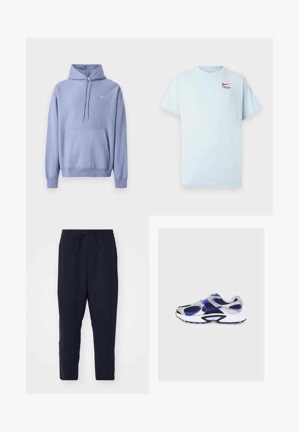 Lilla hættetrøje lavet af bomuldsblanding, med frontlomme, snøre i hætten og et lille hvidt logo på brystet.; Lysk blue bomulds-t-shirt med korte ærmer, rund hals og et rødt Nike swoosh-logo. Teksten lyder "ATHLETIC DEPT. JUST DO IT."; Mørkeblå joggerbukser lavet af blødt stof, med elastisk talje og snor, tapered ben og sidelommer.; Grå og blå atletiksneaker med hvid sål og sort Nike swoosh-logo vist fra siden på en ensartet lys baggrund.