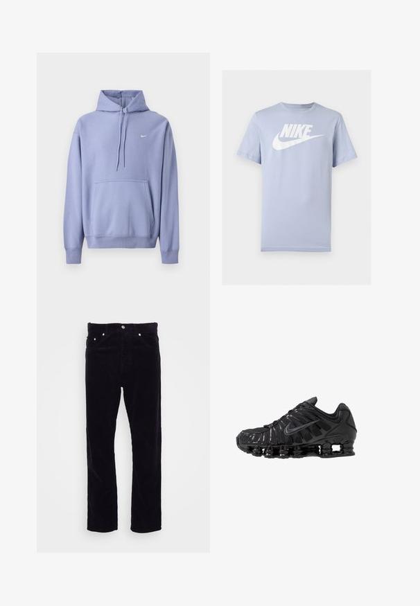 Lilla hættetrøje lavet af bomuldsblanding, med frontlomme, snøre i hætten og et lille hvidt logo på brystet.; Lyseblå kortærmet bomuld T-shirt med hvid Nike-logo og swoosh på brystet, vist på ensfarvet baggrund.; Carhartt WIP NEWEL PANT - Bukser - dark navy; Sorte atletikskoser lavet af mesh og syntetiske materialer, med et karakteristisk bølget design, sort gummisål og reflekterende detaljer.
