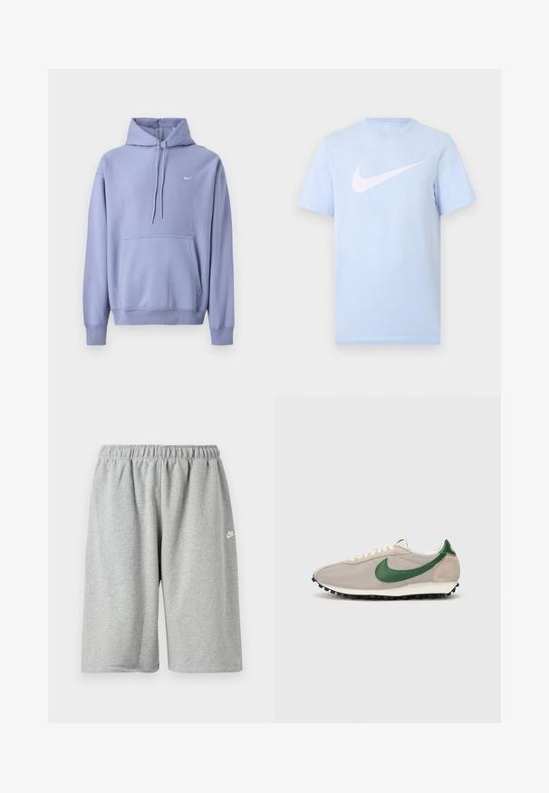 Lila Kapuzenpullover aus Baumwollmischung mit Fronttasche, Kordelzugkapuze und kleinem weißem Logo auf der Brust.; Hellblaues T-Shirt mit kurzen Ärmeln und einem großen weißen Nike-Swoosh-Logo, das mittig auf der Vorderseite vor einem schlichten Hintergrund platziert ist.; Graue Baumwollshorts mit elastischem Bund, locker geschnitten und einem kleinen weißen Logo nahe dem Saum. Glatte Textur, knielang.; Beige Laufschuhe mit grünen Wildlederakzenten, strukturiertem Mesh-Obermaterial, cremefarbenen Schnürsenkeln und einer schwarzen Gummisohle mit Traktionsnoppen.