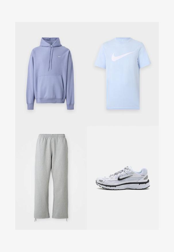 Lilla hættetrøje lavet af bomuldsblanding, med frontlomme, snøre i hætten og et lille hvidt logo på brystet.; Lyseblå T-shirt med korte ærmer og en stor hvid Nike swoosh-logo midt på forsiden mod en ensfarvet baggrund.; Grå sweatpants med elastisk talje, lige ben og snoretræk ved kanten. Fremstillet af blødt, struktureret stof.; Hvide løbesko med mesh-overdel, rund tå, sorte accenter og mønstret sål. Har snøring og branding på siden.