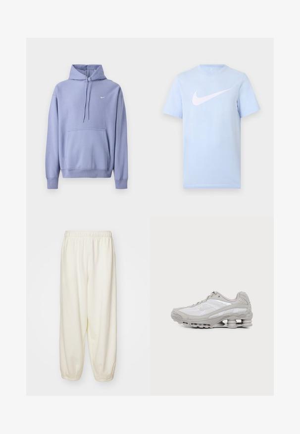 Sudadera con capucha morada hecha de mezcla de algodón, con un bolsillo delantero, capucha con cordón y un pequeño logo blanco en el pecho.; Camiseta de manga corta color azul claro con un gran logo blanco de Nike Swoosh centrado en el frente sobre un fondo liso.; Pantalones de chándal color crema hechos de una tela suave, con una cintura elástica y puños ajustados, de ajuste relajado y sin patrones visibles.; Zapatilla deportiva gris y blanca con suela visible de amortiguación de aire y paneles de malla, mostrada de perfil sobre un fondo claro y sencillo.
