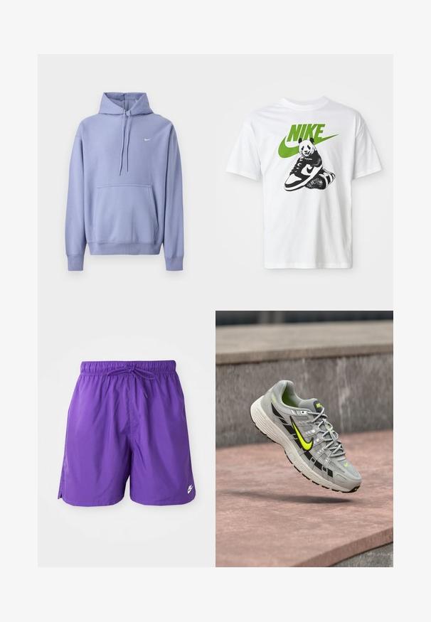 Sudadera con capucha morada hecha de mezcla de algodón, con un bolsillo delantero, capucha con cordón y un pequeño logo blanco en el pecho.; Camiseta de algodón blanca con un gráfico en blanco y negro de un panda sosteniendo una zapatilla Nike, con un logotipo de Nike verde arriba.; Bañador morado con cintura elástica y cordón. Presenta aberturas laterales y un pequeño logo blanco en el dobladillo inferior. Textura suave.; Zapatilla de correr Nike gris con detalles en negro y amarillo neón, suspendida en el aire sobre una superficie de concreto texturizada.