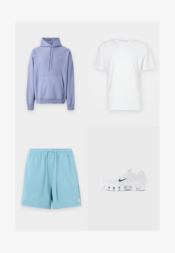 Sudadera con capucha morada hecha de mezcla de algodón, con un bolsillo delantero, capucha con cordón y un pequeño logo blanco en el pecho.; Camiseta de algodón blanca con manga corta, escote redondo y una textura suave. Diseño simple sin patrones ni gráficos.; Shorts deportivos azul claro hechos de una tela suave, con una cinturilla elástica con cordón y un logo blanco en el lado inferior izquierdo.; Zapato de running blanco Nike con logo Swoosh negro, parte superior de malla y suela segmentada similar a un resorte diseñada para amortiguación y soporte.