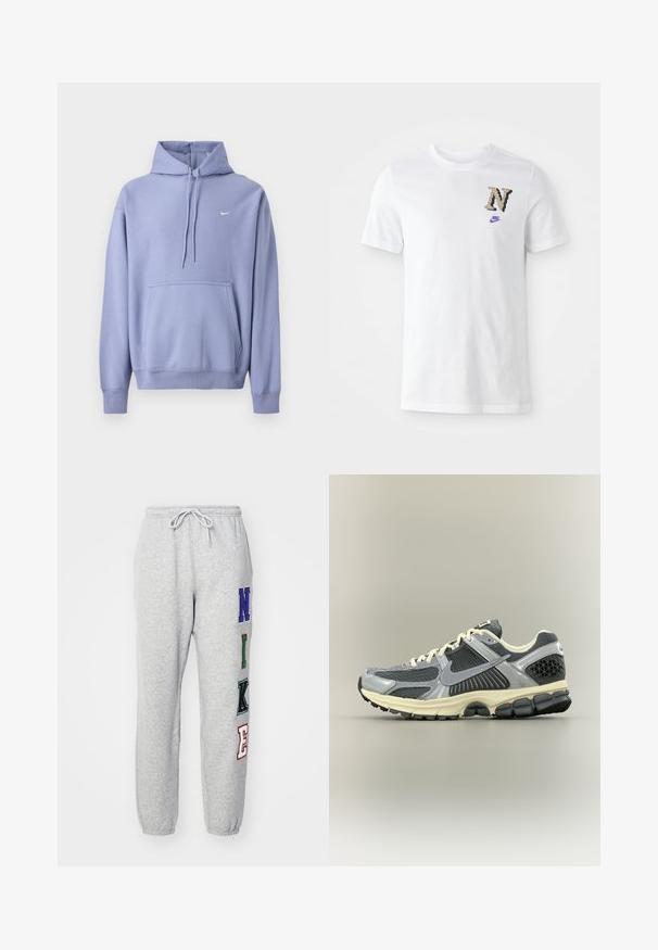 Sudadera con capucha morada hecha de mezcla de algodón, con un bolsillo delantero, capucha con cordón y un pequeño logo blanco en el pecho.; Camiseta blanca de algodón con un logo "N" de patrón camuflaje y un pequeño swoosh morado de Nike en el pecho. Diseño clásico de cuello redondo.; Nike Sportswear Pantalones deportivos - dk grey heather; Zapatilla de correr Nike gris y negra con cordones blancos y suela beige, mostrada de lado sobre un fondo neutro.
