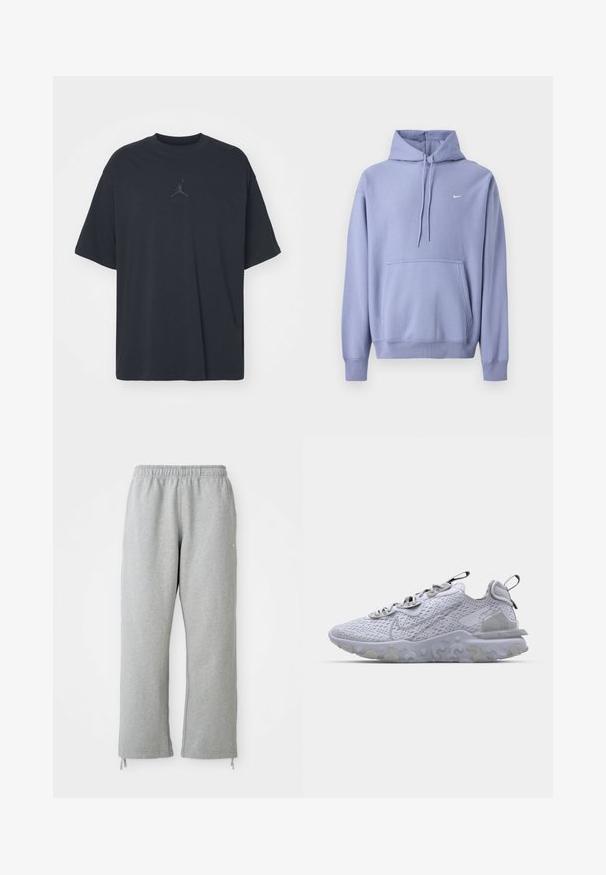 Lilla hættetrøje lavet af bomuldsblanding, med frontlomme, snøre i hætten og et lille hvidt logo på brystet.; Sort bomuld T-shirt med løs pasform, rund hals, korte ærmer, med et diskret logo og teksten "AIR" over logoet i centrum.; Grå sweatpants med elastisk talje, lige ben og snoretræk ved kanten. Fremstillet af blødt, struktureret stof.; Lys grå sportsko med en åndbar mesh-overdel, tekstureret gummisål og reflekterende accenter. Har en polstret krave og snørredesign.