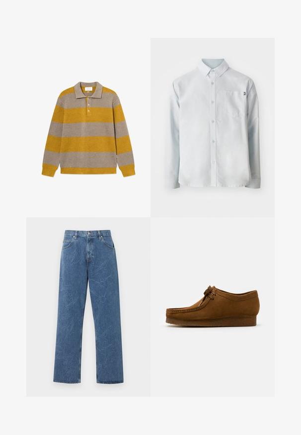 Polo-Pullover mit langen Ärmeln, der abwechselnd gestreift ist in Senfgelb und Beige. Texturiertes, geripptes Material mit drei Knöpfen.; New Balance OXFORD - Hemd - blue; Blaue Jeans mit geradem Bein, dezenten gestickten abstrakten Blattmustern und klassischem Fünf-Taschen-Design auf hellem Hintergrund.; Braune Wildlederschuhe mit runder Spitze und niedrigem Absatz, mit detaillierten Nähten entlang der Nähte und einer Schnürung auf der Vorderseite. Weiche Textur mit schlankem Design.