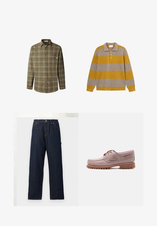 Polo-sweater med lange ærmer, der har skiftende striber i sennepsgul og beige. Tekstureret, ribbet stof med tre knapper.; Knappet skjorte i grønt og brunt ternet mønster, lange ærmer, krave, brystlomme, lavet af tekstureret bomuldsstof med brune knapper.; Mørkeblå denimjeans med lige ben, forlommer, bæltestropper og knaplukning i taljen mod en ensfarvet baggrund.; Lysebrun læder bådsko med moktå-syning, læder snørebånd, Timberland-logo og robust gummisål, vist på hvid baggrund.