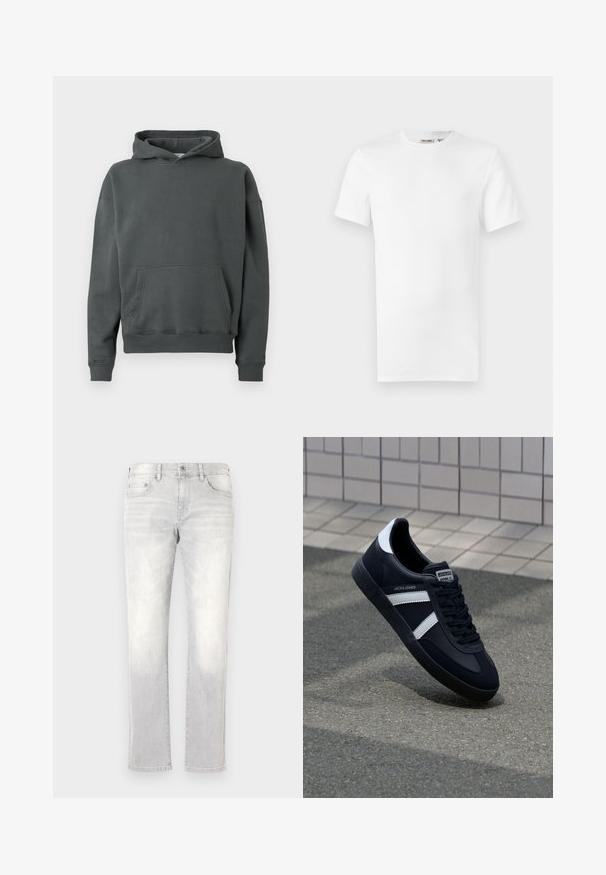 Hættetrøje i mørkegrå stof med en forlommeskæk, ribbede manchetter og kant, i en løs pasform og blød tekstur.; Hvid, kortærmet T-shirt med rund hals og et lille brandlabel inde i kraven, vist på en hvid baggrund.; Lys grå denim jeans med lige ben, subtile falmninger, forlommer og en enkelt baglomme. Klassisk knap- og lynlås-lukning.; Sort lædersneaker med hvide striber, tekstureret gummisål og snørrebånd foran. Har et brandet mærke på tungen.