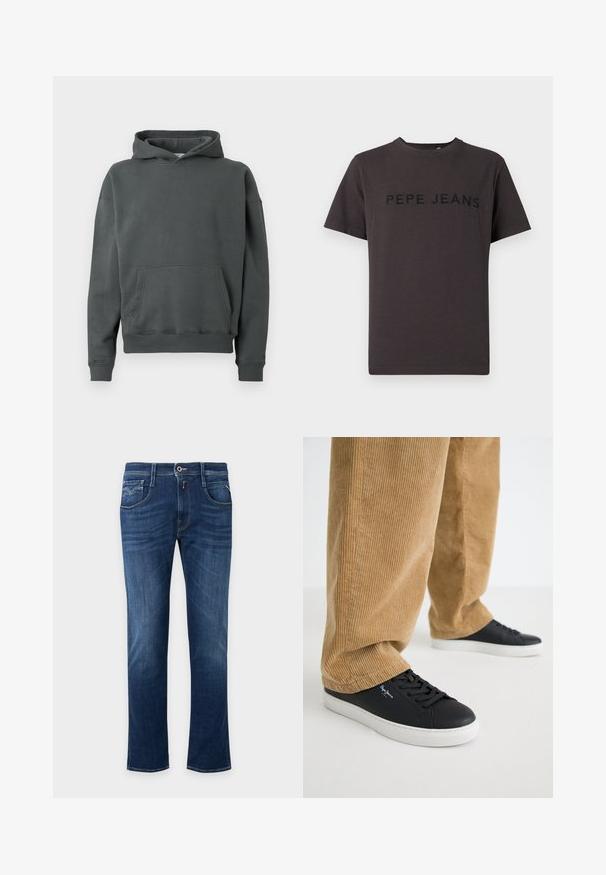 Kapuzensweatshirt aus dunkel grauem Stoff mit einer Fronttasche, gerippten Bündchen und Saum, lockerer Passform und weichem Material.; Dunkelgraues T-Shirt aus Baumwolle mit kurzen Ärmeln und Rundhalsausschnitt. "PEPE JEANS" ist vorne in Schwarz geprägt.; Dunkelblaue Straight-Leg-Jeans mit vorderem Knopf, Reißverschluss und Fünf-Taschen-Design.; Schwarze Ledersneaker mit weißen Gummisohlen. Getragen mit beigen Cordhosen, die vertikale Rippungen und eine lockere Passform aufweisen.