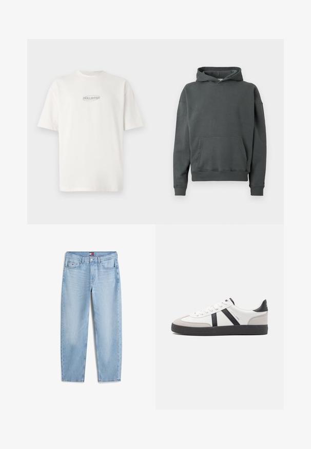 Kapuzensweatshirt aus dunkel grauem Stoff mit einer Fronttasche, gerippten Bündchen und Saum, lockerer Passform und weichem Material.; Weißes Baumwoll-T-Shirt mit Rundhalsausschnitt und kurzen Ärmeln, versehen mit einem kleinen grauen "HOLLISTER"-Logo, das mittig auf der Brust platziert ist.; Hellblaue, schmal zulaufende Jeans mit Vordertaschen, Gürtelschlaufen, Knopfverschluss und kleinem Logo auf der rechten Vordertasche.; Weiße Sneaker mit schwarz- und grau-aczenten, ausgestattet mit einer strukturierten grauen Zehenkappe, schwarzer Gummi-Sohle und flachen weißen Schnürsenkeln. Sauberes Design, minimalistische Stil.
