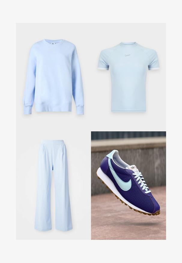 Lyseblå Nike sweatshirt med rund hals, lange ærmer, ribkantet manchet og kant samt lille hvid Nike Swoosh-logo på brystet.; Lyseblå atletisk t-shirt med korte ærmer lavet af glat stof. Har rund halsudskæring og subtilt Nike-logo på brystet med hvide detaljer.; Lyseblå bredbenede bukser med en glat tekstur, elastisk talje og plisserede detaljer på fronten. Fremstillet af et blødt stof.; Lilla Nike sneakers med lyseblå swoosh, hvide snørebånd og gummisål, der svæver over en betonoverflade udendørs.