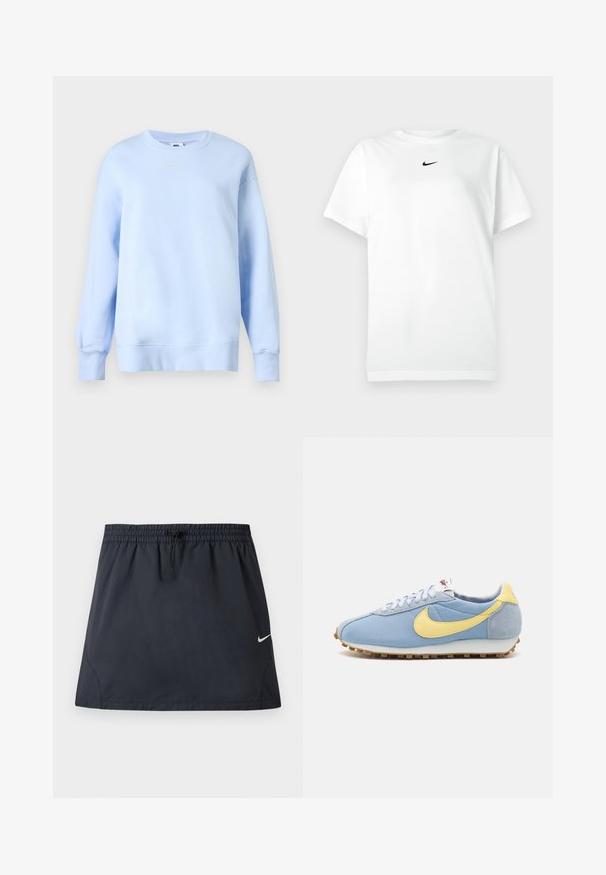 Lyseblå Nike sweatshirt med rund hals, lange ærmer, ribkantet manchet og kant samt lille hvid Nike Swoosh-logo på brystet.; Hvid kortærmet T-shirt med rund hals, prydet med et lille sort Nike swoosh-logo centreret under halsudskæringen.; Sort atletisk nederdel med elastisk taljebånd og justerbar snøre, med en lille hvid Nike swoosh-logo på højre side.; Blå mesh- og ruskinds-sneakers med gul Nike swoosh, hvide snørebånd og lysebrun sål; klassisk atletisk design.