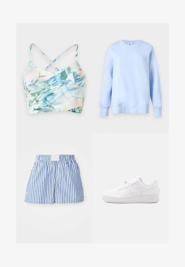 Lichtblauwe Nike trui met ronde hals, lange mouwen, geribde manchetten en zoom, en klein wit Nike Swoosh-logo op de borst.; Voorkant van een cropped bikini top in meerkleurige, iriserende stof met kruisbandjes, met een golvend patroon in tinten blauw en groen.; Blauwe en witte gestreepte shorts met een elastische tailleband en een label met het Nike-logo. Gemaakt van lichtgewicht stof met een zachte textuur.; Low-top witte sneaker met geperforeerde neus, vetersluiting, textuurschoen en een subtiel Swoosh-logo aan de zijkant.