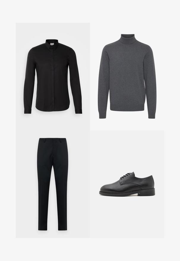 Dunkelgrauer Rollkragenpullover aus einem glatten Strickstoff, mit langen Ärmeln und gerippten Bündchen und Saum für eine enge Passform.; Schwarzes Langarmshirt aus glattem Material, mit Button-Down-Kragen, Frontleiste und dezentem Logo-Detail auf der Brust.; Schwarze maßgeschneiderte Herren-Anzughose mit Gürtelschlaufen, flachem Vorderteil und geraden Beinen auf weißem Hintergrund.; Schwarze Leder-Oxfordschuhe mit runder Zehenform, glatter Oberfläche, fünf Ösen für die Schnürung und niedrigem, gestapeltem Absatz.