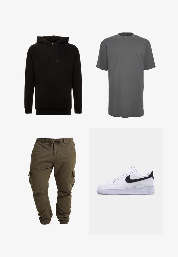 Sudadera con capucha negra de tejido suave. Presenta un bolsillo canguro, cordones ajustables y puños y dobladillo acanalados. Diseño simple.; Camiseta gris de manga corta hecha de suave tejido de algodón. Presenta un cuello redondo y un corte relajado con un dobladillo recto.; Pantalones cargo de color verde oliva hechos de algodón suave, con cordón ajustable en la cintura, puños elásticos y bolsillos laterales. ; Zapatilla blanca de cuero con un Swoosh negro texturizado, cordones planos y una suela de goma con un patrón estriado. "AIR" está grabado en el talón.