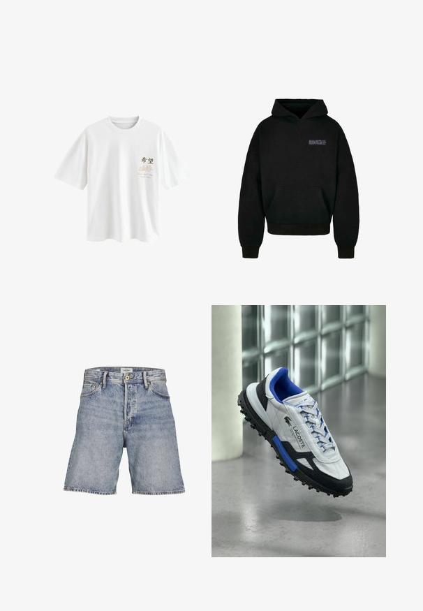 MJ Gonzales HEAVY - FEARLESS FLIGHT - Hoodie - black; Next T-SHIRT - T-shirt print - white japan; Lichtblauwe denimshorts met een ontspannen fit, voorzien van een knoopsluiting, een vijfpockets ontwerp en contrasterende stiksels langs de randen.; Witte en zwarte Lacoste-sneaker met blauwe binnenkant en veters, zwevend boven een betonnen vloer bij een glazen blokkenmuur.