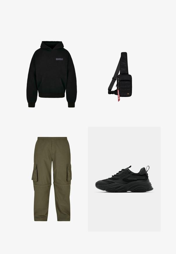MJ Gonzales HEAVY - FEARLESS FLIGHT - Kapuzenpullover - black; Olivgrüne Cargo-Hosen aus leichtem Material, mit mehreren Seitentaschen, einem elastischen Bund und einem geraden Schnitt.; Schwarze Sportschuhe mit einer dicken Sohle, Mesh-Einsätzen und Gummidetails. Verfügen über eine Zuglasche an der Ferse und strukturierte Muster.; Schwarze Umhängetasche aus strukturiertem Stoff. Ausgestattet mit einem Reißverschluss-Hauptfach, einer vorderen Tasche mit Gurtband, verstellbarem Riemen und einem dekorativen Anhänger.