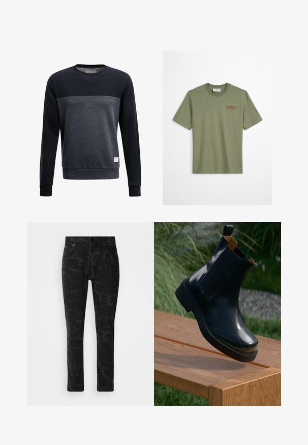 Mørkeblå og mørkegrå sweatshirt med rund hals, lange ærmer og ribbede manchetter. Har en subtil tekstur og et lille logo-patch.; Oliven grøn bomulds t-shirt med korte ærmer, rund hals og "Howdy" broderet i brunt på venstre bryst. Glat tekstur, afslappet pasform.; Sorte denim jeans med et marmor mønster, lige ben design, fem-lomme stil og en knaplukning i taljen.; Sorte læder chelsea støvle med glat finish, elastiske sidepaneler, rund tå og tyk gummisål, placeret ovenfor en træoverflade.