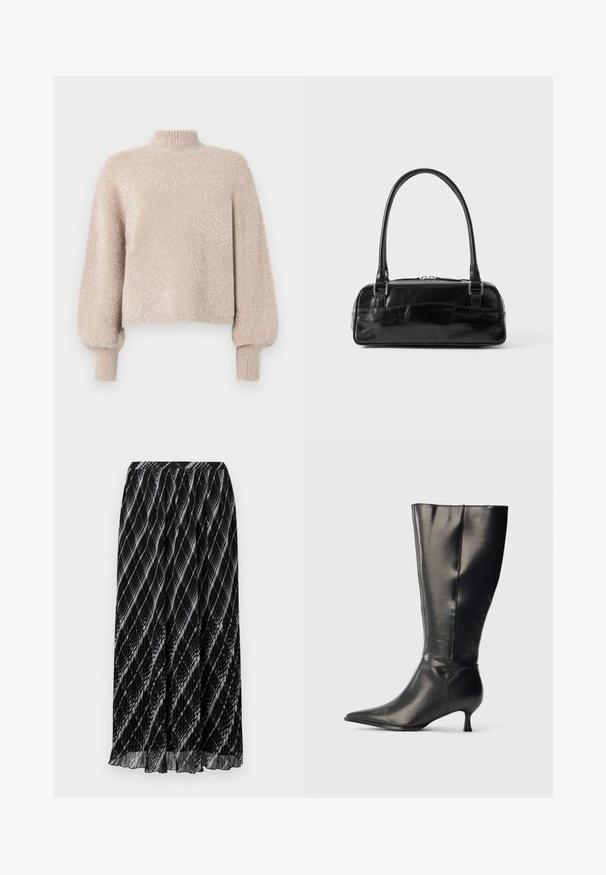 Suéter corto de un beige claro, hecho de una tela suave y texturizada. Presenta un cuello alto y mangas abullonadas. Acabado texturizado con un brillo sutil.; Falda negra plisada con un patrón diagonal en blanco y gris, que presenta un tejido suave y ligero, y una cinturilla elástica.; Bota negra de cuero hasta la rodilla, con punta afilada y tacón bajo tipo kitten, mostrada sobre un fondo claro y sencillo.; Bolso de mano de cuero negro con forma rectangular, equipado con un asa estructurada, herrajes en plata y cierre de cremallera. Textura suave.
