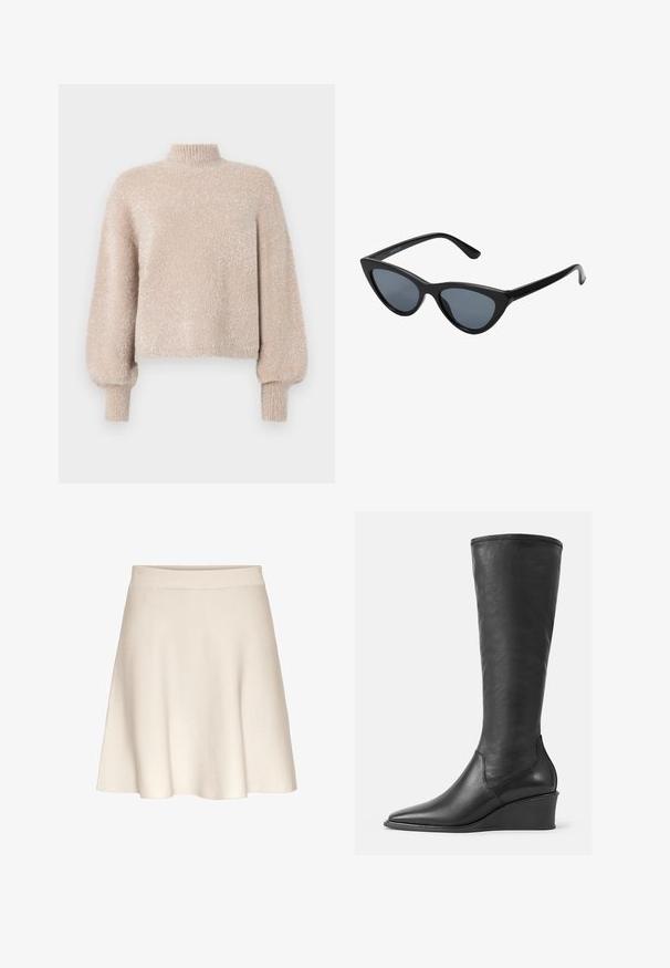 Lyse beige cropped sweater lavet af blødt, tekstureret stof. Har en høj hals og ballonsleeves. Tekstureret overflade med en subtil glans.; En udvidet, beige nederdel lavet af blødt stof med en glat tekstur, der har et bredt taljebånd og en knælængde.; Knæhøje sorte læderstøvler med en glat overflade, spids tå og kilehæl; har en syet kant øverst.; Sorte katteøje solbriller med mørkegrå linser, slankt plastisk stel, spidse hjørner og lige stænger. Ingen synlig hardware eller dekorationer.