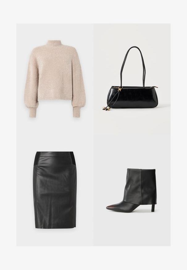 Lyse beige cropped sweater lavet af blødt, tekstureret stof. Har en høj hals og ballonsleeves. Tekstureret overflade med en subtil glans.; Sorte læderblyantskirt med en tætsiddende design, glat tekstur og elastisk talje med detaljer på begge sider. Flad kant i bunden.; Sort ankelstøvle lavet af glat læder med spids tå og tilspidset hæl. Overdelen har et let rynket design.; Sort rektangulær håndtaske med to lange stropper, guldringdetalje og lynlåslukning på en ensfarvet lys baggrund.