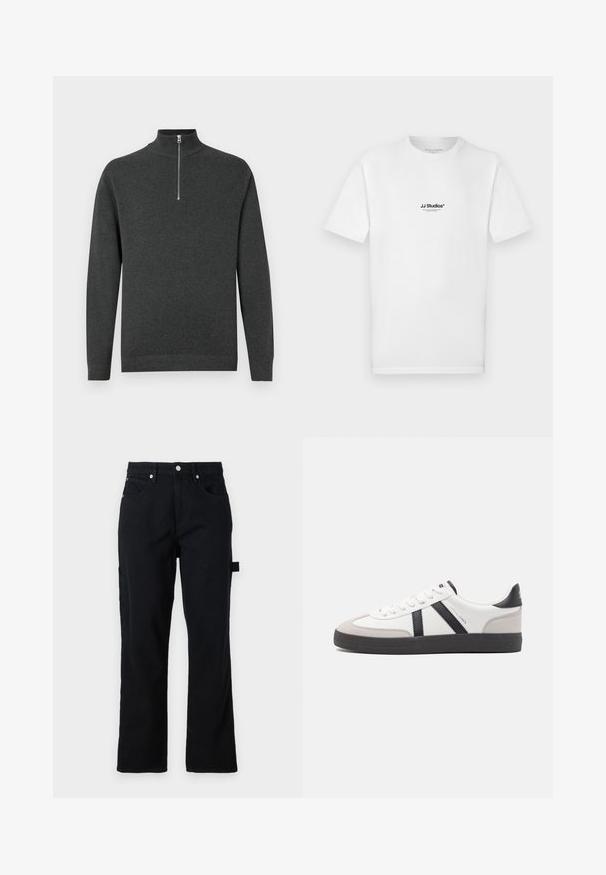 Grå, langærmet pullover lavet af blødt stof, med en høj krave og en kvart lynlås samt en simpel tekstur. Ingen mønstre eller accenter.; Hvid bomulds t-shirt med korte ærmer og rund halsudskæring. Har en lille sort "JJ Studios"-logo på brystet.; Sorte denimbukser med lige ben, frontlommer og baglomme med flap. Har sølvhardware og sideløkker for funktionalitet.; Hvide sneakers med sorte og grå detaljer, med en tekstureret grå tåhætte, sort gummisål og flade hvide snørebånd. Rent design, minimalistisk stil.