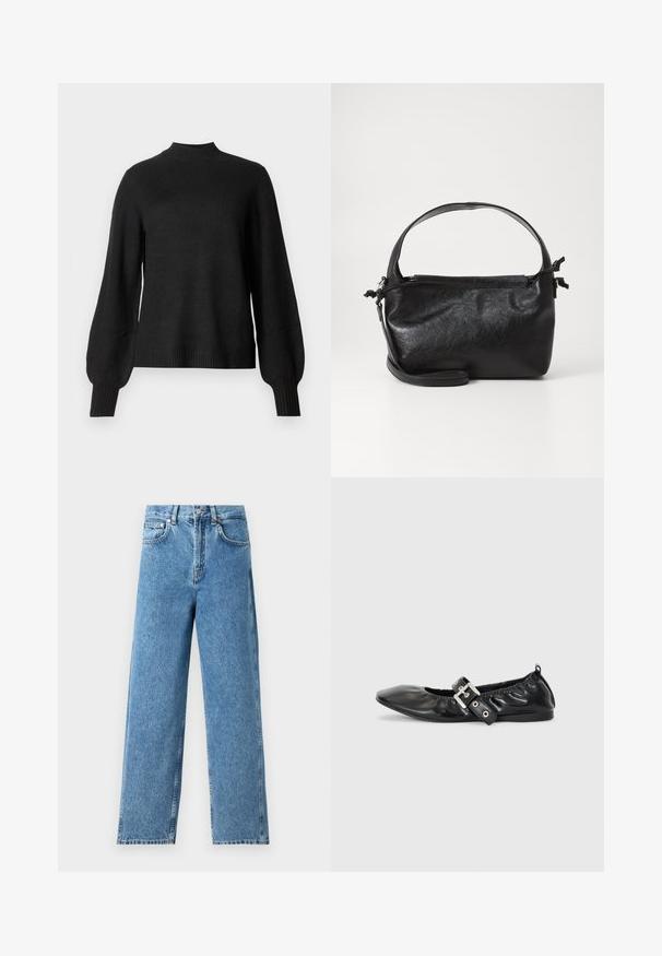 Sort langærmet strikket sweater med ribbet høj hals, manchetter og kant, med let pufede ærmer og en tætsiddende silhuet.; Lysblå lige ben jeans lavet af denim, med høj talje, frontknaplukning og fem-lomme design med synlige sømme.; Sorte læder flade sko med spids tå, samling detaljer omkring åbningen, og en sølv spænde accent på den justerbare rem.; Sort læderhåndtaske med et struktureret design, rund tophåndtag og aftagelig skulderrem. Den har en glat tekstur og en subtil glans.