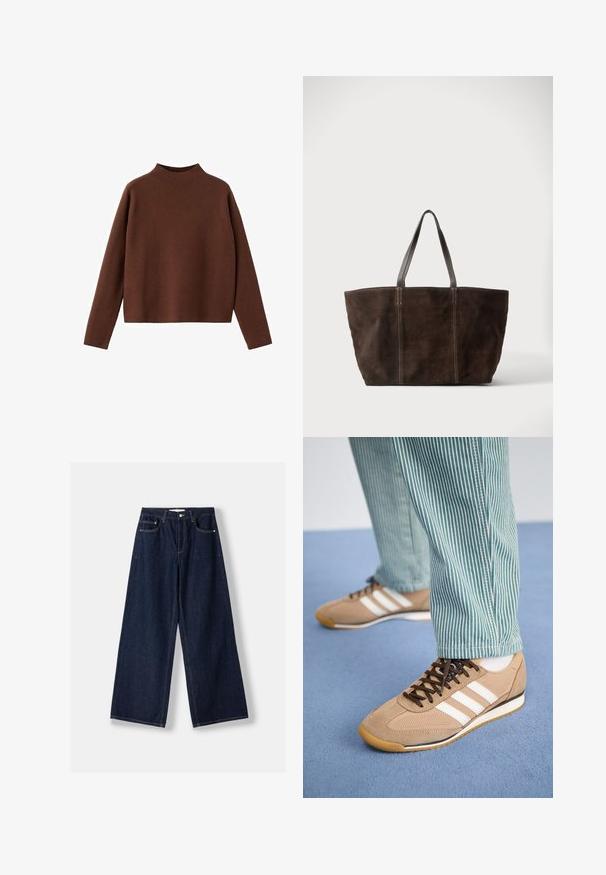 Kastanjebrun, langærmet sweater med en høj halsudskæring. Fremstillet af et blødt, tekstureret stof. Har en afslappet, kasseformet silhuet og et minimalistisk design.; Mørkeblå vidde denimjeans med knap- og lynlås foran, forlommer og bæltestropper, lagt fladt på en hvid baggrund.; Tan ruskind og mesh sneakers med brune snørebånd og tre hvide striber. Parret med grønne og hvide stribede bukser, hviler på en blå overflade.; Mørkebrun ruskindstaske med to sorte læderhåndtag og lodrette syninger, vist mod en enkel lys baggrund.