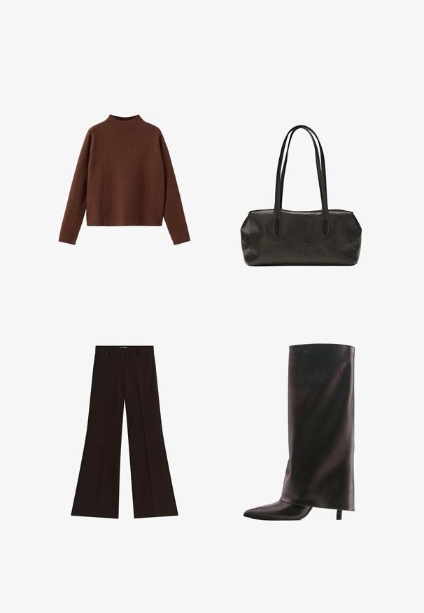 Kastanjebrun, langærmet sweater med en høj halsudskæring. Fremstillet af et blødt, tekstureret stof. Har en afslappet, kasseformet silhuet og et minimalistisk design.; Sorte højtaljede bukser med brede ben, bæltestropper og sidelommer, lagt fladt på en hvid baggrund.; Høj sort læderstøvle med spids tå og slank mellemhøj hæl på hvid baggrund.; Sort lædertaske i rektangulær form med lange dobbelte skulderremme og en struktureret overflade, vist mod en ensfarvet hvid baggrund.