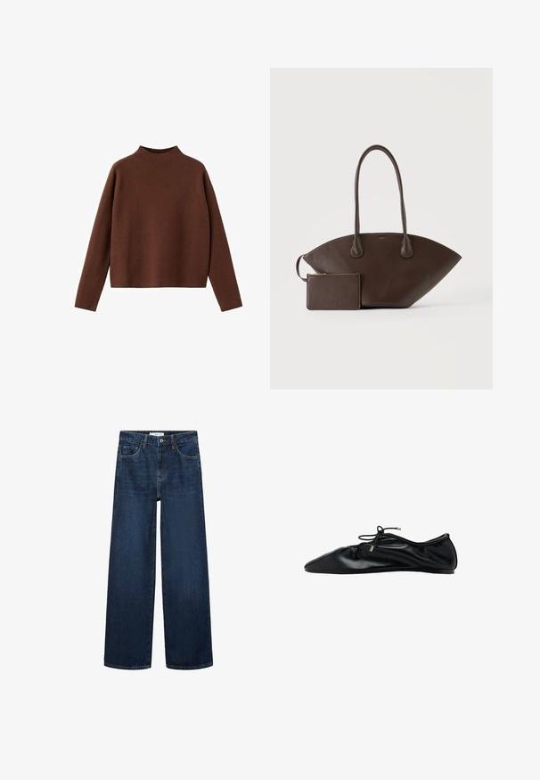 Brauner Pullover mit langen Ärmeln und hohem Kragen. Hergestellt aus einem weichen, strukturierten Stoff. Mit lässiger, boxartiger Form und minimalistischem Design.; Weite dunkelblaue Denim-Jeans mit hoher Taille, ausgestattet mit fünf Taschen und einer klassischen Knopfschließe. Glatte Textur und gerader Schnitt.; Schwarzer Ballettflachschuh aus Leder mit geraffter Spitze und Schnürung mit Metallenden, minimalistischer und eleganter Seitenansicht.; Dunkelbraune Lederhandtasche mit langen Griffen und passendem kleinem Reißverschlussbeutel auf schlichtem hellem Hintergrund.