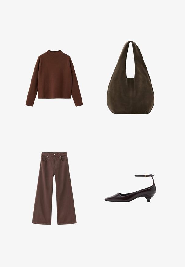 Kastanjebrun, langærmet sweater med en høj halsudskæring. Fremstillet af et blødt, tekstureret stof. Har en afslappet, kasseformet silhuet og et minimalistisk design.; Brune brede jeans lavet af denim. Har fem lommer, lynlås og metalnitter. Glat tekstur og klassisk design.; Mørkebrune spidse læder kitten heel sko med en tynd ankelrem og en lille guldbeslag.; Blød, mørkebrun ruskind hobo-taske med en bred enkelt strop og rundet bund på hvid baggrund.