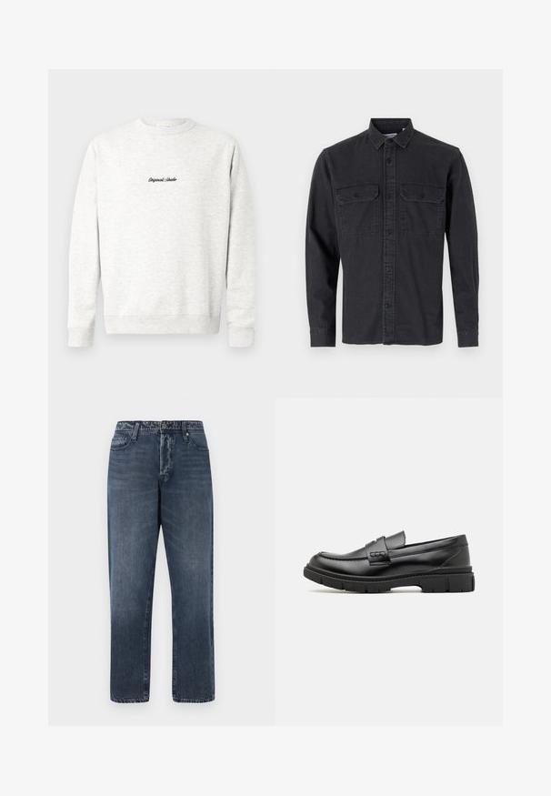 Lichtgrijze crewneck sweatshirt gemaakt van zachte stof, met een klein zwart 'Originals Studio' logo op de voorkant en geribde manchetten.; Donkergrijze overhemd met lange mouwen, gemaakt van een katoenmengsel, met twee borstzakken en een klassieke kraagontwerp.; Jack & Jones Loose-fit JJIEDDIE JJORIGINAL SQ 227 - Baggy jeans - blue denim; Zwarte leren instapper met een brede band over de voet, rubberen zool met dikke noppen en een gladde textuur. Klassiek, strak ontwerp.