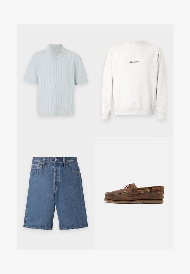 Helehall sweatshirt, mis on valmistatud pehmest materjalist, kusjuures esiküljel on väike must "Originals Studio" logo ja ribatud varrukad.; Lühikeste varrukatega helesinise ja valge triibuline nööbiga särk. Omab klassikalist kraed ja laia lõike kerge kangaga.; Heledad sinised teksased šortid, millel on pleekinud tekstuur, viie tasku disain ja nööpkinnitusega vöökoht.; Pruun nahkne paadisokk, millel on beežid õmblused, ümmargune varvas ja nööpide detailid. Lame kummist põhjaga ja külgaukud ventilatsiooniks.