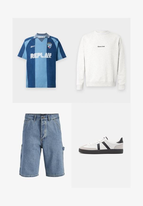 Lys grå crewneck sweatshirt lavet af blødt materiale, med et lille sort "Originals Studio" logo på fronten og ribbede manchetter.; Denim-inspireret jersey med korte ærmer, der har et mørkeblåt og lyseblåt stribet design, V-hals, og "REPLAY" logoet præsenteret tydeligt.; Blå denimshorts med for- og sidelommer, bæltestropper og knaplukning på ensfarvet baggrund.; Hvide sneakers med sorte og grå detaljer, med en tekstureret grå tåhætte, sort gummisål og flade hvide snørebånd. Rent design, minimalistisk stil.