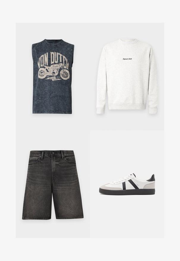 Sweatshirt crewneck gris clair en matériau doux, présentant un petit logo noir "Originals Studio" sur le devant et des poignets côtelés.; Chemise sans manches gris foncé style vintage avec le texte "Von Dutch" et un graphique d'une moto avec « Since 1929 Amazing Kustom » en dessous.; Shorts noirs en denim arrivant au genou, avec bouton à l'avant, fermeture éclair, passants pour ceinture et poches avant.; Baskets blanches avec des accents noirs et gris, présentant un embout texturé gris, une semelle en caoutchouc noir et des lacets plats blancs. Design épuré, style minimaliste.