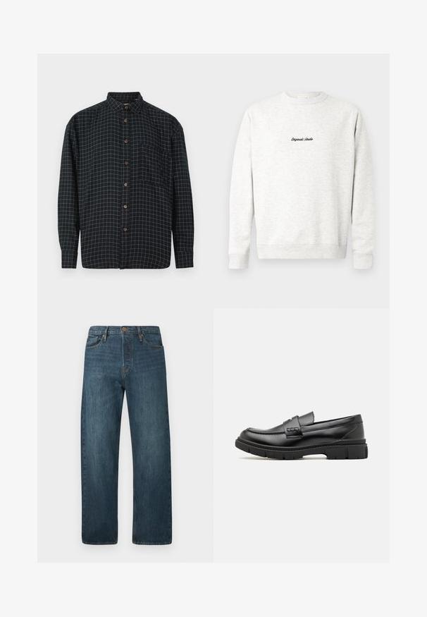 Sweatshirt crewneck gris clair en matériau doux, présentant un petit logo noir "Originals Studio" sur le devant et des poignets côtelés.; Chemise noire à manches longues, à boutons, avec un motif à carreaux blancs, poche avant et boutons marron sur fond blanc.; Jeans en denim droit bleu marine avec cinq poches, fermeture à bouton et passants de ceinture sur fond blanc uni.; Mocassin en cuir noir avec une large sangle sur le devant, semelle en caoutchouc à épaisse rainure, et texture lisse. Design classique et élégant.