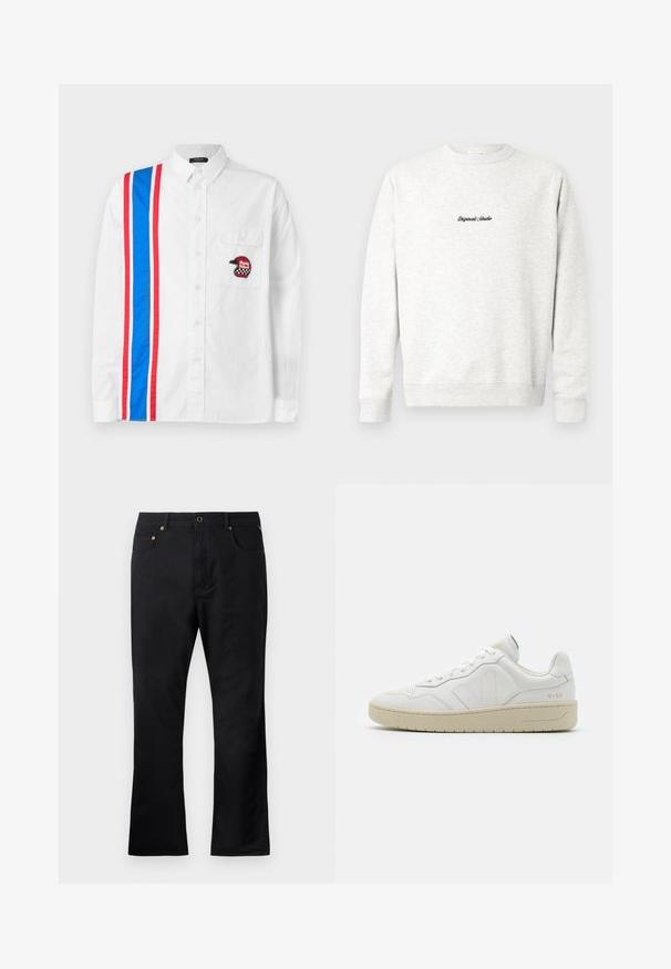 Lichtgrijze crewneck sweatshirt gemaakt van zachte stof, met een klein zwart 'Originals Studio' logo op de voorkant en geribde manchetten.; Witte overhemden met een blauw-rood gestreept ontwerp aan één kant en een zwart geborduurd helm-embleem op de borstzak.; Zwarte denim broek met een rechte pasvorm, voorzien van voorzakken, een knoopsluiting en accenten in goudkleurige hardware. Gladde textuur.; Witte leren sneakers met een gestructureerde afwerking en een gevoerde kraag. Voorzien van een beige rubberen zool en subtiele branding op de hiel en zijkant.