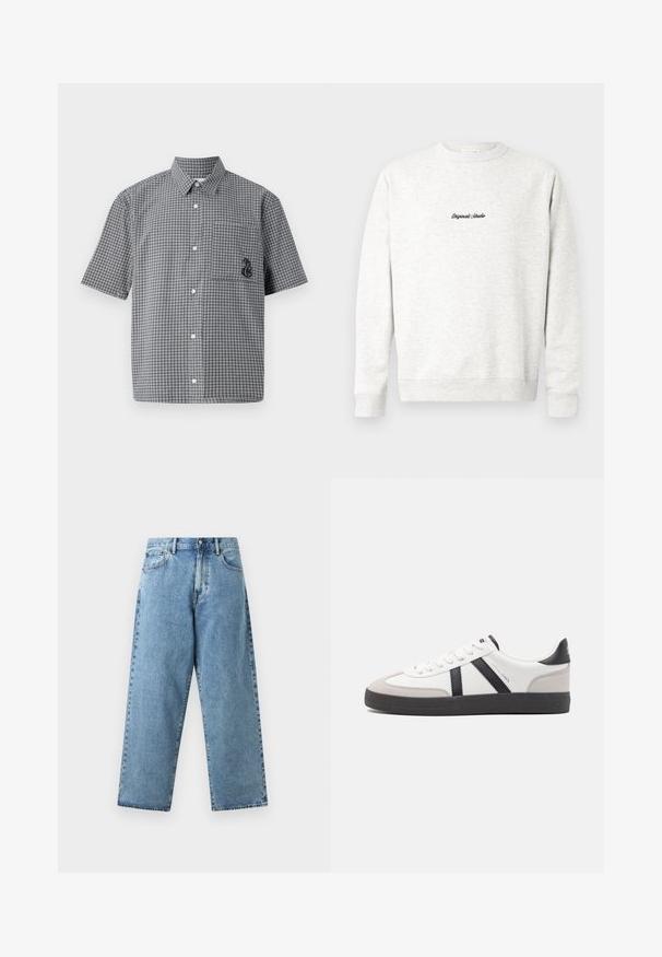 Lichtgrijze crewneck sweatshirt gemaakt van zachte stof, met een klein zwart 'Originals Studio' logo op de voorkant en geribde manchetten.; Korte mouwen knoopsluiting overhemd in zwart-wit ruitpatroon, met een borstzak en geborduurd zeepaardje detail. Katoenen materiaal.; Lichtblauwe spijkerbroek met een hoge taille, brede rechte pijpen, knoopsluiting aan de voorkant, ritssluiting en ontwerp met vijf zakken.; Witte sneaker met zwarte en grijze accenten, voorzien van een grijze neus met textuur, zwarte rubberen zool en platte witte veters. Schoon ontwerp, minimalistische stijl.