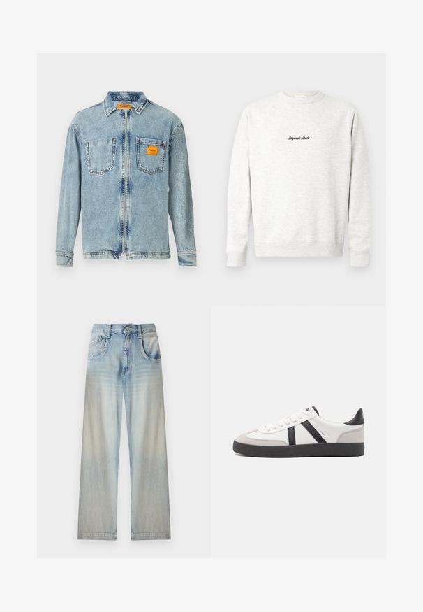 Lichtgrijze crewneck sweatshirt gemaakt van zachte stof, met een klein zwart 'Originals Studio' logo op de voorkant en geribde manchetten.; Lichtblauwe denim jas met een volledige rits aan de voorkant, twee borstzakken en een klein oranje Replay Inc. label op de rechterzak en de kraag.; Lichtblauwe denim jeans met brede pijpen, voorzakken, knoopsluiting en vervaagde plekken op de dijen en onderbenen.; Witte sneaker met zwarte en grijze accenten, voorzien van een grijze neus met textuur, zwarte rubberen zool en platte witte veters. Schoon ontwerp, minimalistische stijl.