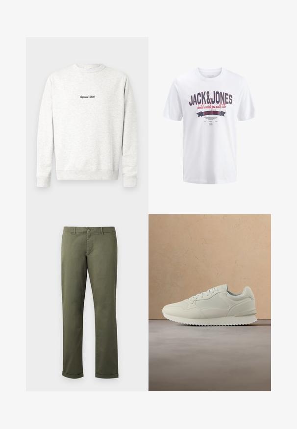Sweatshirt crewneck gris clair en matériau doux, présentant un petit logo noir "Originals Studio" sur le devant et des poignets côtelés.; Jack & Jones T- - T-shirt imprimé - bright white; Pantalons en coton vert olive avec une coupe droite, ourlets retroussés, poches avant et fermeture à bouton. Texture lisse avec des détails de couture subtils.; Baskets de couleur crème avec un design à lacets, une semelle épaisse et une semelle extérieure texturée, flottant au-dessus d'un tapis beige et d'un canapé en arrière-plan.