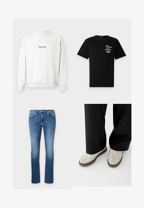 Harmaa crewneck-huppari, joka on valmistettu pehmeästä materiaalista. Etuosassa on pieni musta "Originals Studio" -logo ja ribatut hihansuut.; Mustat puuvillaiset t-paidat lyhyillä hihoilla, joissa on valkoinen "Chrome and Leather" graafinen kuvasto vasemmalla rintakehällä ja brändinimi "REPLAY."; Siniset farkut suoran leikkauksen kanssa, joissa on kevyitä haalistumia, viisi taskua ja nappi- ja vetoketjukiinnitys. Ompeleita saumoissa.; Jalat, joissa on beigejä tennareita ruskeilla pohjilla ja mustat leveälahkeiset housut valkoisella taustalla.